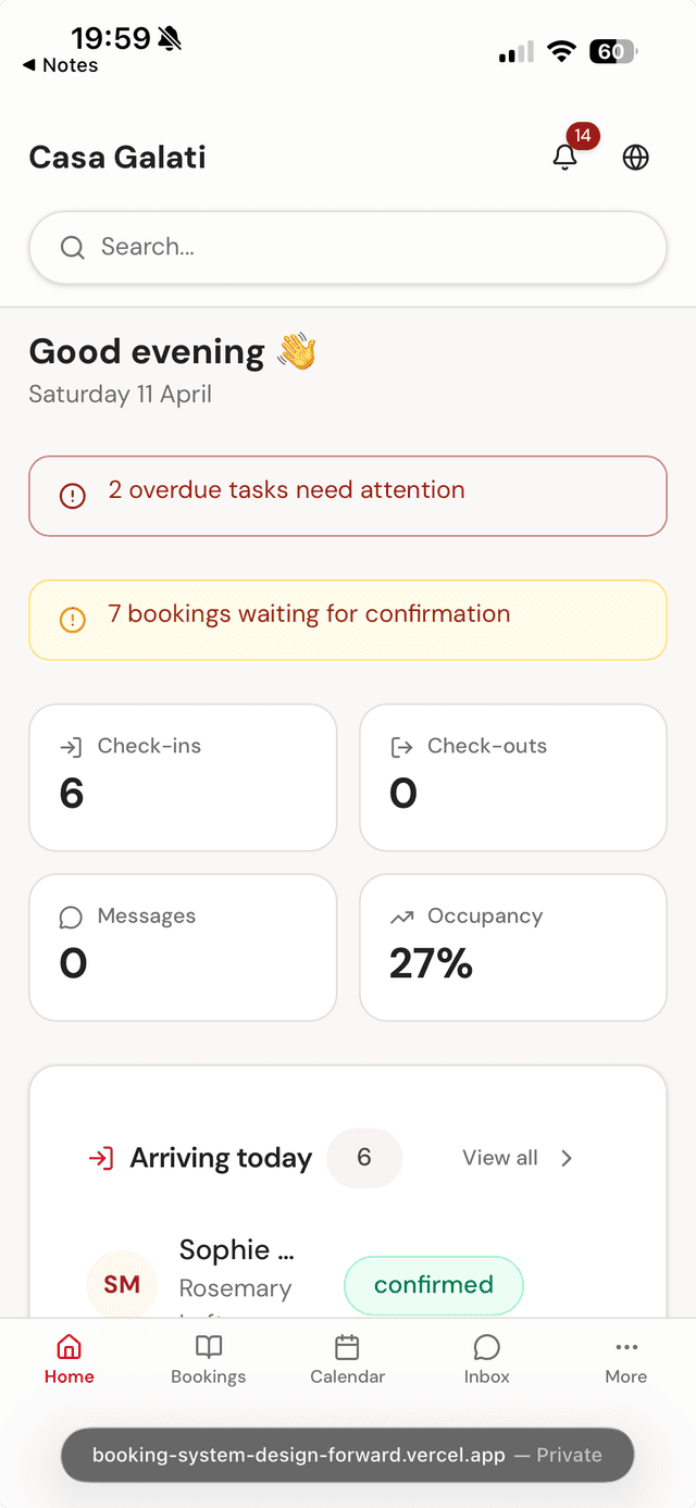 Bedly mobile dashboard showing bookings, check-ins, and occupancy for a B&B
